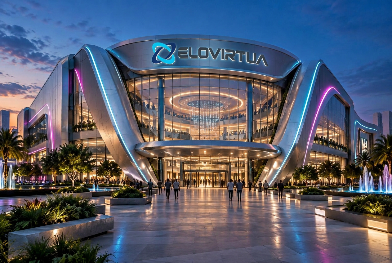 Fachada futurista do shopping ELOVIRTUA com arquitetura panorâmica e iluminação ciano